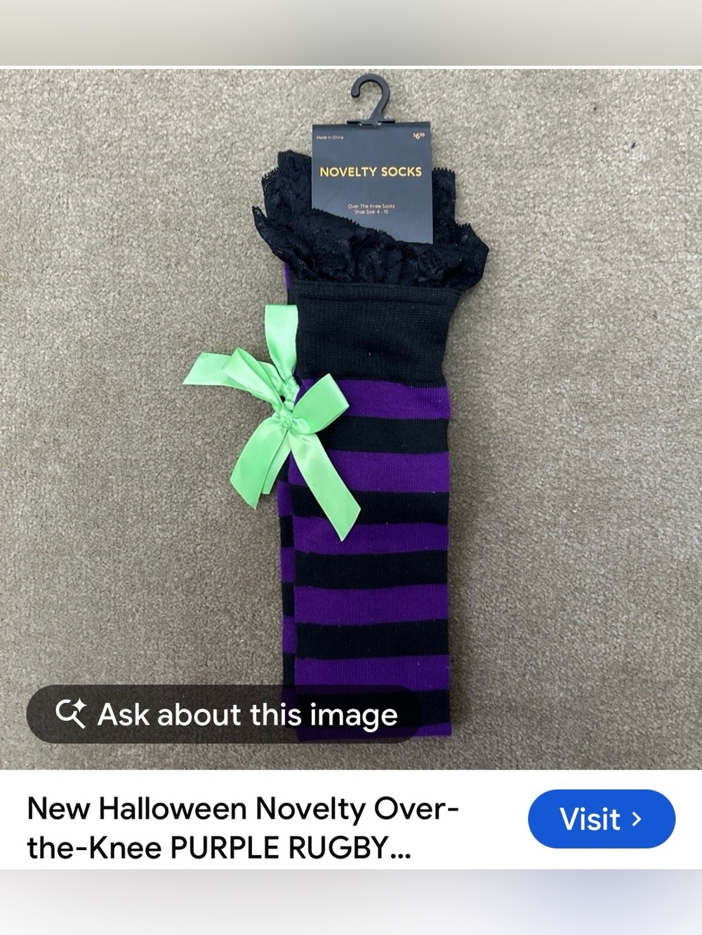 #3411**Novelty Over-the-Knee Purple & Black Striped Socks with Green Bow